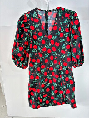 Dresses | Black Red Rose Print Puff Sleeve Mini Dress Large | Poshmark